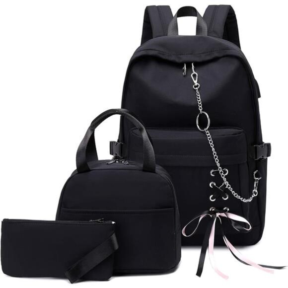 Girl Laptop Backpack Set with Lunch Bag and Pencil Purse Black Chain main image 6